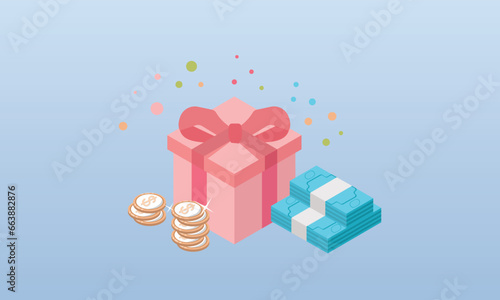 Gift boxes and collect bonus money back. Loyalty and referral marketing program concept.on blue background.3D design.isometric vector design Illustration.