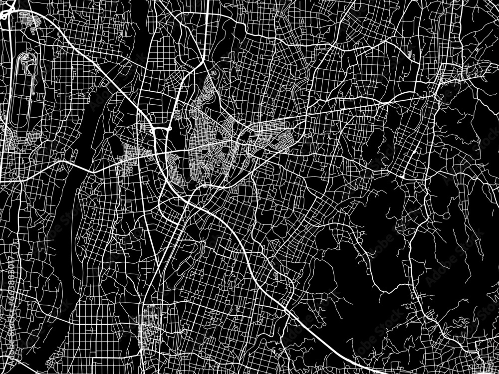 Vector road map of the city of  Mooka in Japan with white roads on a black background.