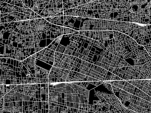 Vector road map of the city of  Musashino in Japan with white roads on a black background.