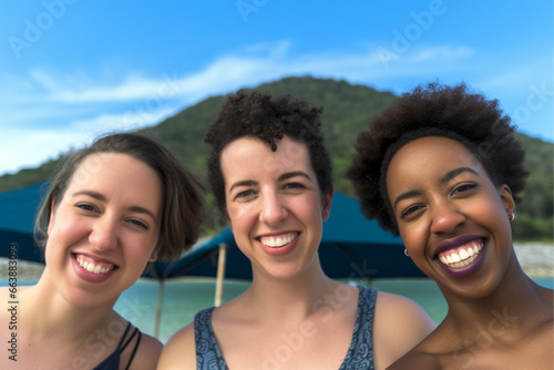 group of friends, A vibrant photograph of a happy black woman with a buzzcut and black hair relaxing on a tropical beach with two friends