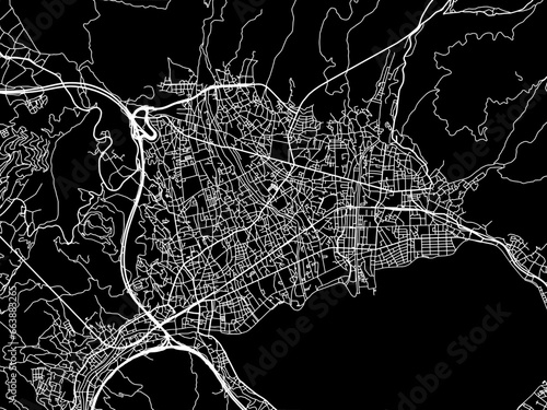 Vector road map of the city of Okaya in Japan with white roads on a black background.