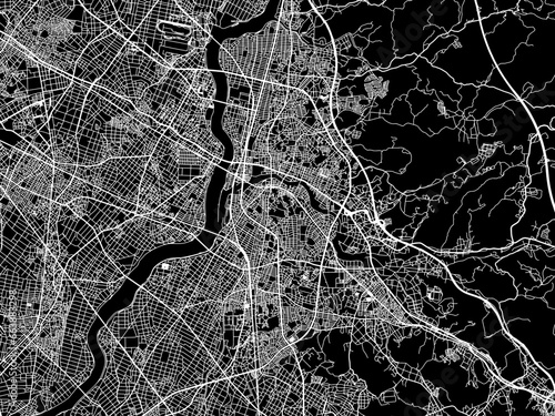 Vector road map of the city of  Okazaki in Japan with white roads on a black background.
