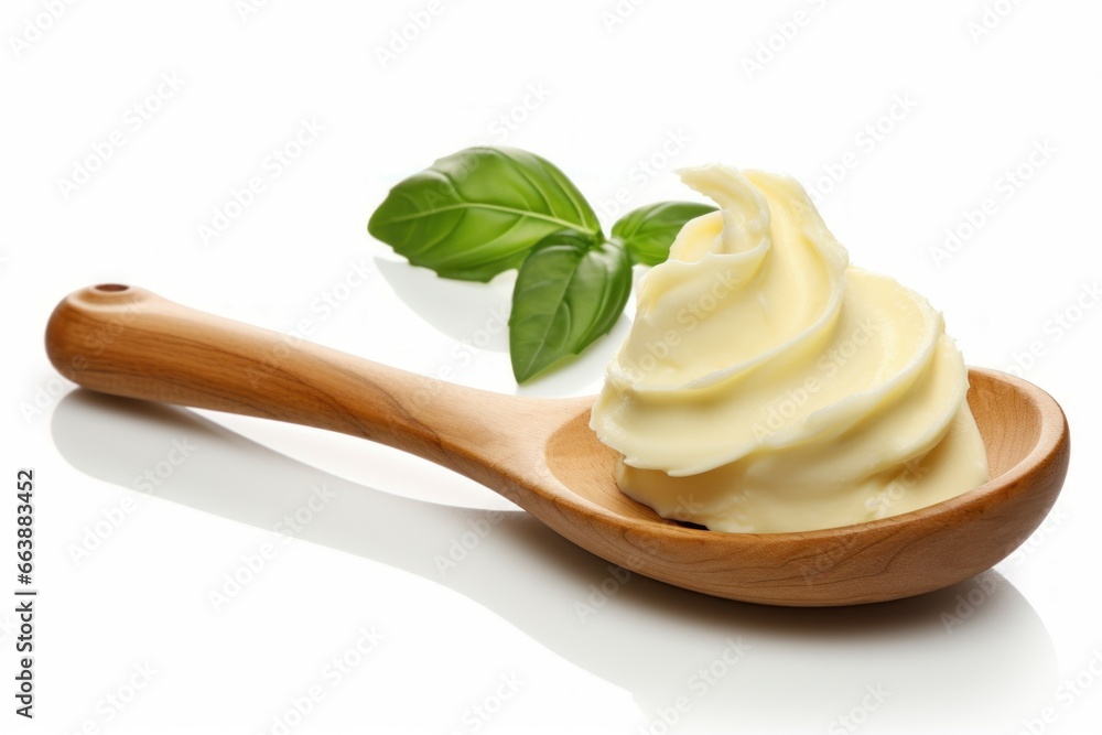 Curl of fresh butter basil wooden spoon. Diet food margarine product. Generate Ai Curl of fresh butter basil wooden spoon. Diet food margarine product. Generate Ai