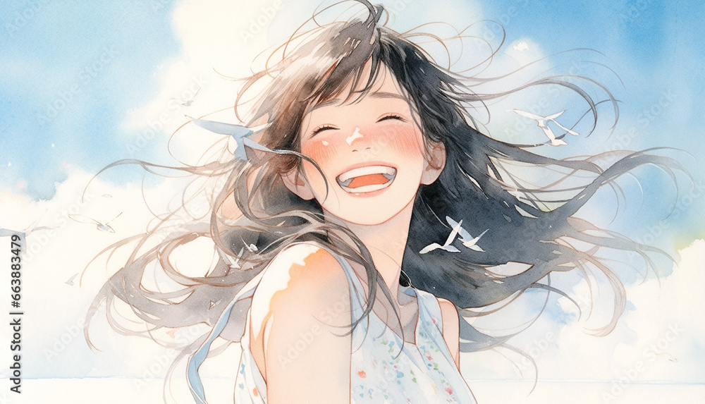 青空と笑顔の女性のイラスト 青空と笑顔の女性のイラスト
