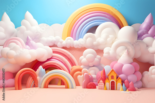 Colorful clouds and balloons arc podium illustration 