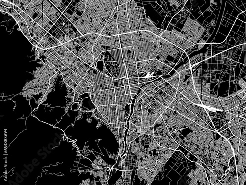 Vector road map of the city of  Sapporo in Japan with white roads on a black background.