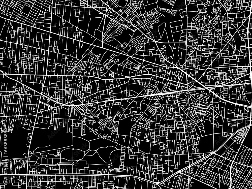 Vector road map of the city of  Tanashicho in Japan with white roads on a black background.