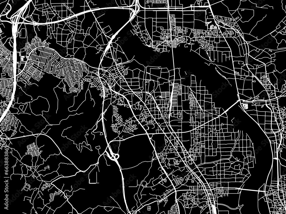 Vector road map of the city of  Tanabe in Japan with white roads on a black background.