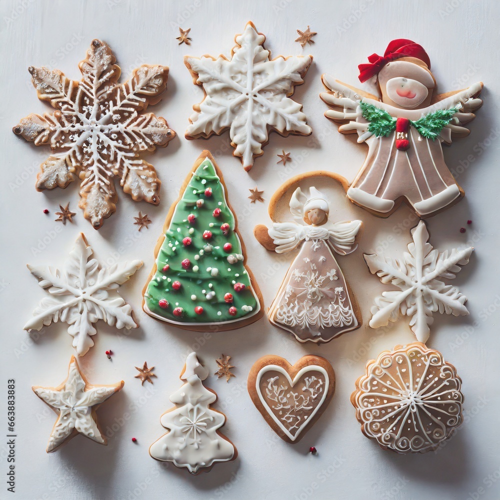 Fototapeta premium クリスマスデザインの美しいアイシングクッキー 手作りのお菓子