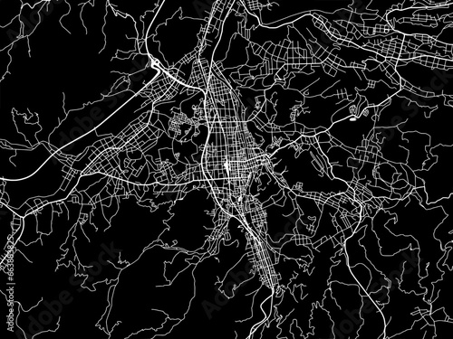 Vector road map of the city of Takayama in Japan with white roads on a black background.