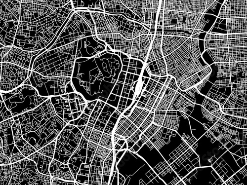 Vector road map of the city of  Tokyo City Center in Japan with white roads on a black background.