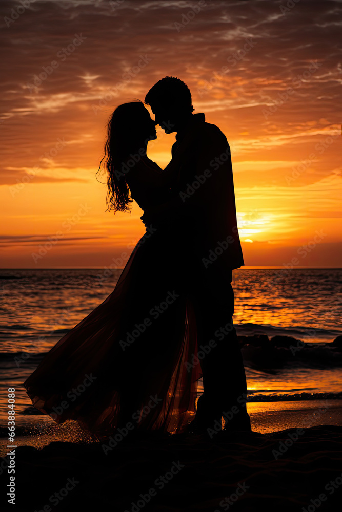 Silhouette of a couple on the beach at sunset. AI generated Silhouette of a couple on the beach at sunset. AI generated
