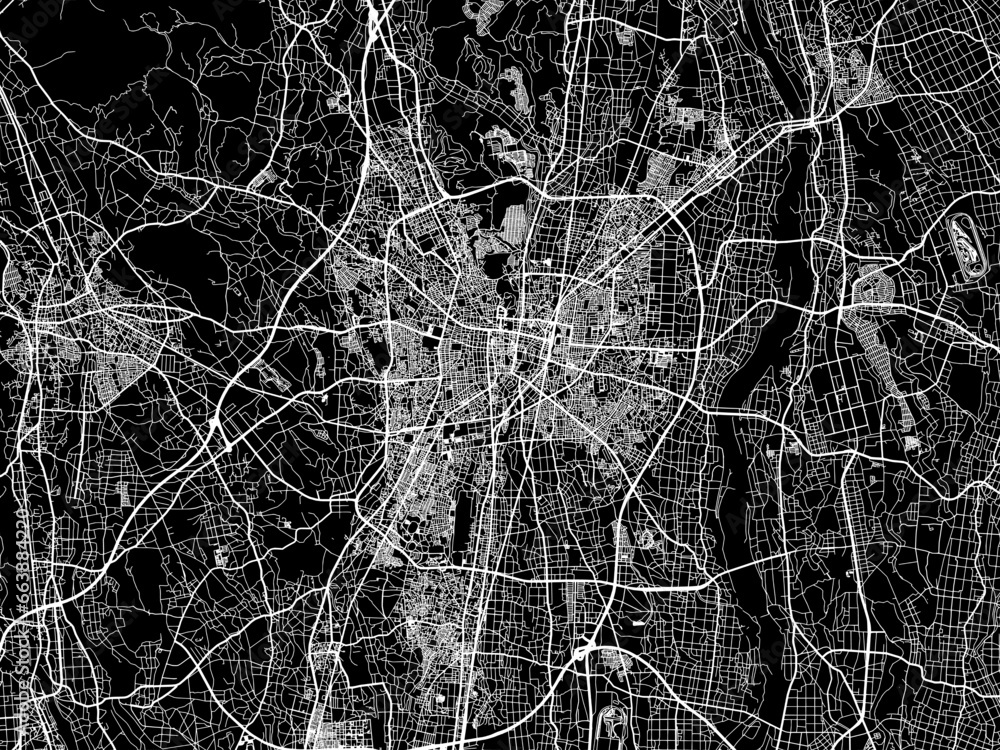Vector road map of the city of  Utsunomiya in Japan with white roads on a black background.