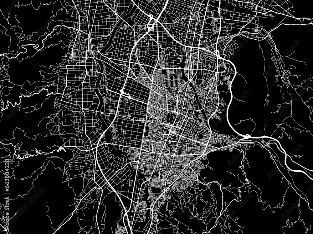 Vector road map of the city of  Yamagata in Japan with white roads on a black background.