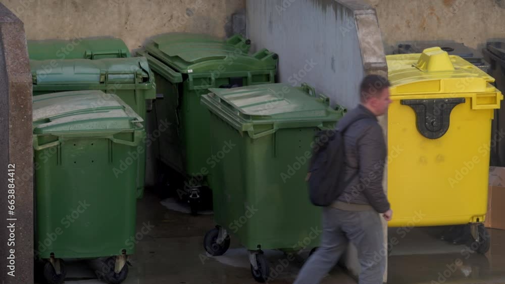 man throwing out trash bag in outdoor garbage can, trash area in residential apartment complex man throwing out trash bag in outdoor garbage can, trash area in residential apartment complex