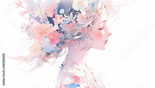 Fototapeta Naklejka Na Ścianę i Meble -  花の髪飾りをした女性の横顔水彩イラスト