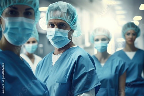 A group of surgeons standing in a hospital. This image can be used to showcase teamwork and collaboration in a medical setting.