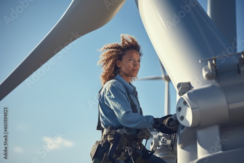 A woman standing next to a wind turbine. This image can be used to represent renewable energy, sustainability, and clean technology.