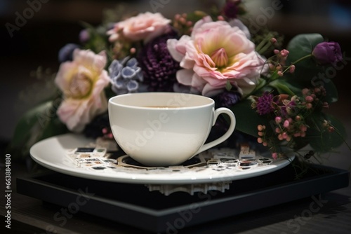 A coffee cup on a table adorned with technologically produced flowers. Generative AI