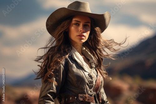 A woman wearing a hat and a leather jacket. This versatile image can be used for fashion, style, or outdoor-themed projects.