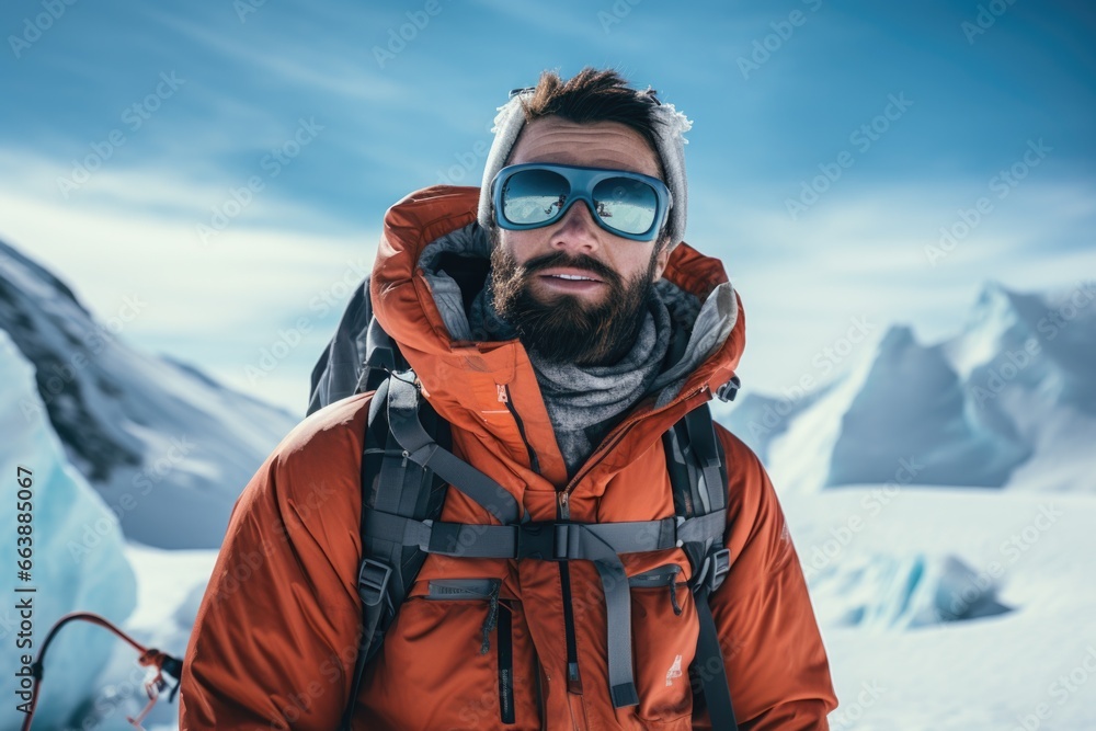 A man wearing an orange jacket and goggles standing in the snow. This image can be used to depict winter sports or outdoor activities in snowy conditions.