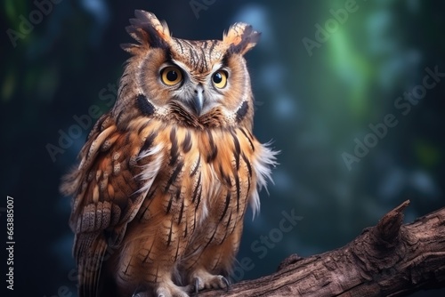 An owl sitting on top of a tree branch. This image can be used to depict nature, wildlife, or birds in their natural habitat.