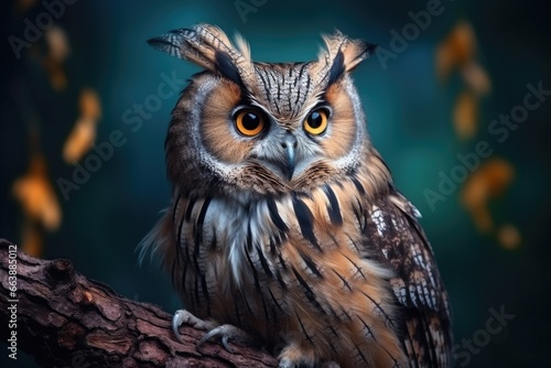 A detailed close-up of an owl perched on a branch. This image can be used to depict wildlife, nature, or animal themes. © Fotograf