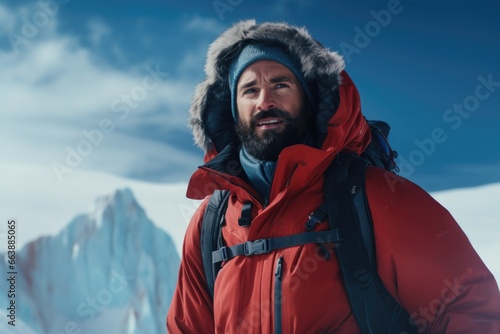 A picture of a man wearing a red jacket and carrying a black backpack. This image can be used to depict outdoor activities, travel, adventure, or hiking.