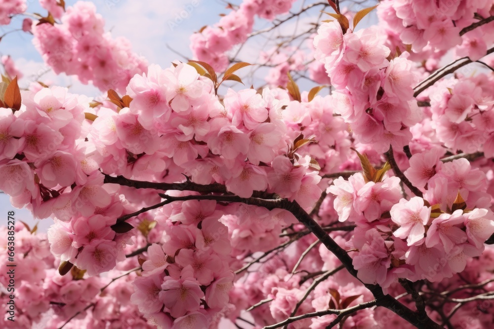 A tree with pink flowers on a sunny day. Perfect for nature and springtime concepts.