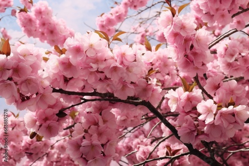 A tree with pink flowers on a sunny day. Perfect for nature and springtime concepts.