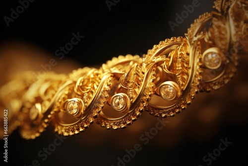 A detailed close up of a gold bracelet adorned with sparkling diamonds. Perfect for showcasing elegance and luxury. Ideal for jewelry stores, fashion magazines, and online marketplaces.