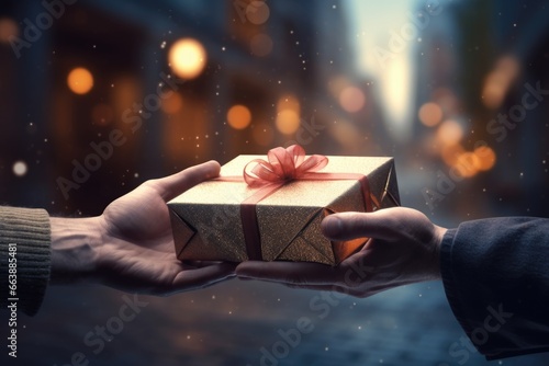 A person is shown handing a gift to another person. This image can be used to depict generosity, friendship, celebrations, special occasions, or acts of kindness. photo