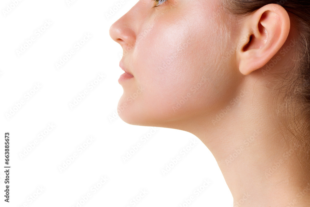 Cropped side view portrait of young woman with naked shoulders and well-kept smooth skin. Beauty face, clean, fresh. Skin care procedures. Cropped side view portrait of young woman with naked shoulders and well-kept smooth skin. Beauty face, clean, fresh. Skin care procedures.