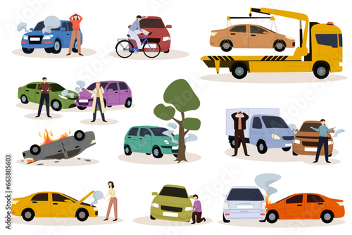 Car accidents set. Crash, collision at road traffic. Car damaged vehicle transportation. Drivers, pedestrians and broken auto, damaged transport, injured people after crush.