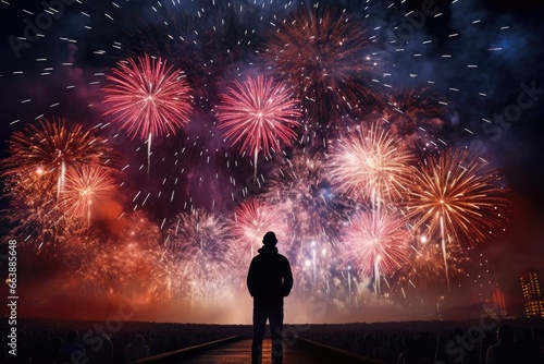 A person standing on a bridge, gazing at a mesmerizing fireworks display. This image can be used to depict the joy and excitement of celebrations or to illustrate the beauty of fireworks at night.