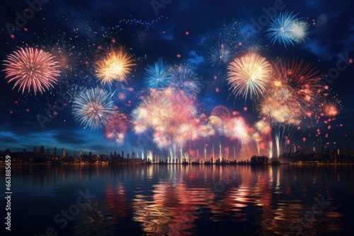 A stunning display of fireworks illuminating the night sky over a body of water. Perfect for celebrations and special occasions.