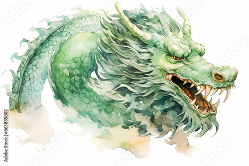 Green watercolor style dragon isolated on white background. Chinese New Year 2024 zodiac sign, year of the Dragon. Mythological creature. Illustration of fantastic monster for book, poster, banner.