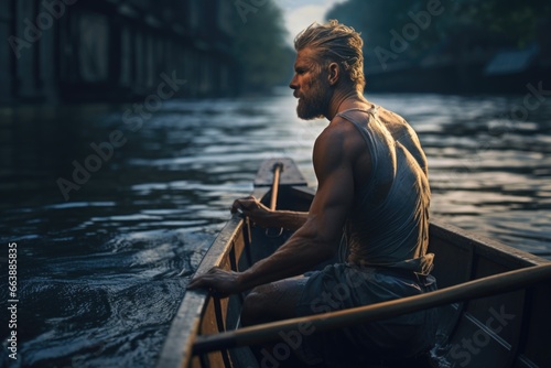 A man is seen sitting in a boat on a serene river. This image can be used to depict relaxation, fishing, or enjoying nature