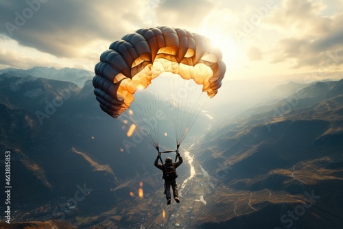 A person paragliding in the sky with a parachute. Perfect for adventure and outdoor enthusiasts