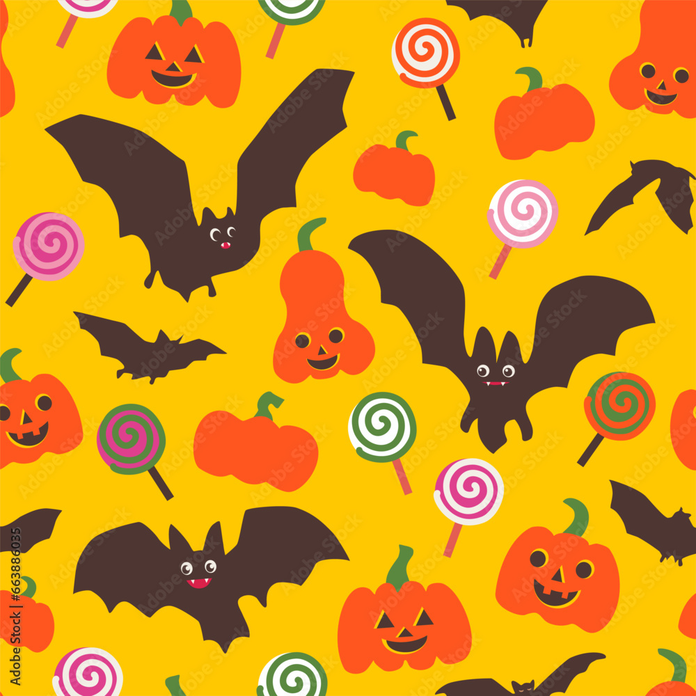 Fototapeta premium Seamless halloween pattern with smiling pumpkins, cute bats and bright candies on yellow background. Could be used as print, wrapping, wallpaper.