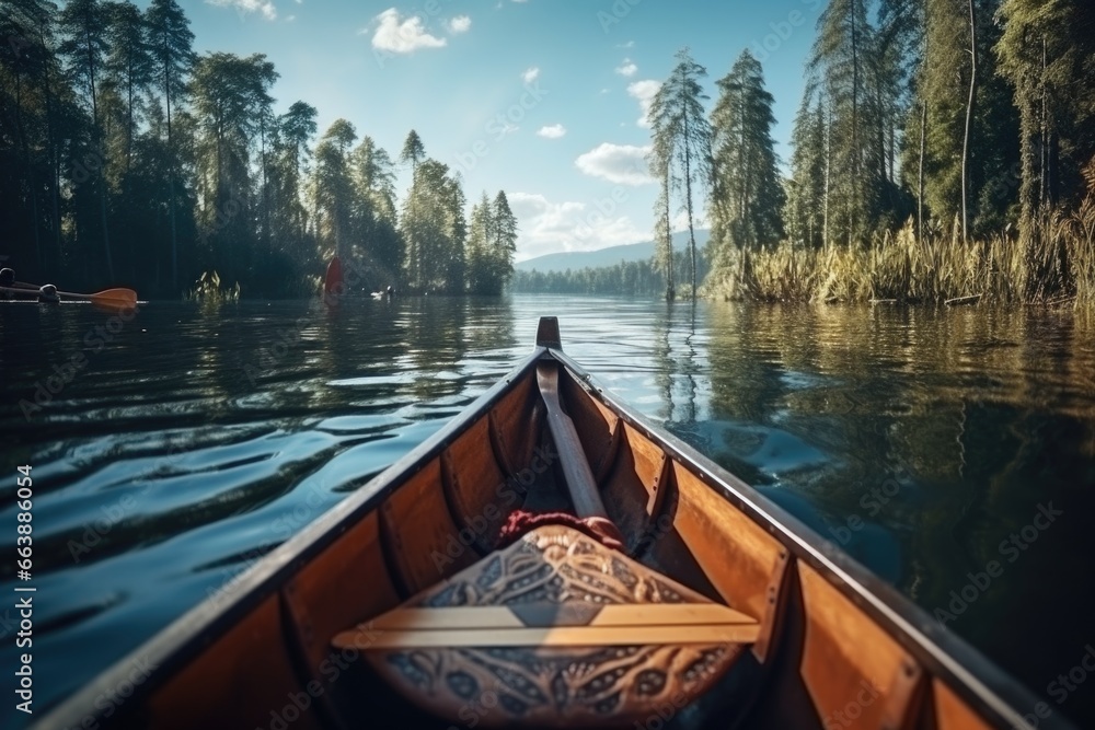 A canoe with a pillow placed on the front. This image can be used to depict a relaxing and peaceful outdoor experience