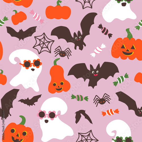 Seamless halloween pattern with smiling pumpkins  cute bats  spiders  ghosts in glasses and bright candies on pink background. Could be used as print  wrapping  wallpaper.