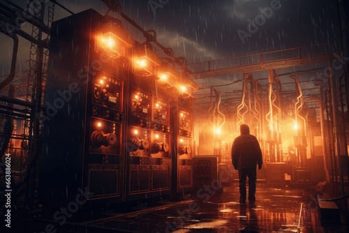 A man standing in the rain in front of a machine. This image can be used to depict a worker or technician in an industrial setting dealing with adverse weather conditions.