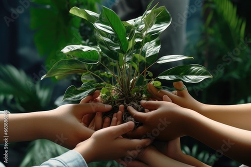 A group of people holding a plant in their hands. This image can be used to represent teamwork, environmental conservation, gardening, or sustainability