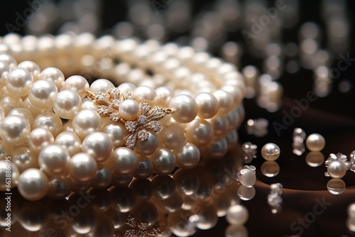 A close up view of a bunch of pearls arranged neatly on a table. This image can be used for jewelry advertisements or articles about luxury accessories