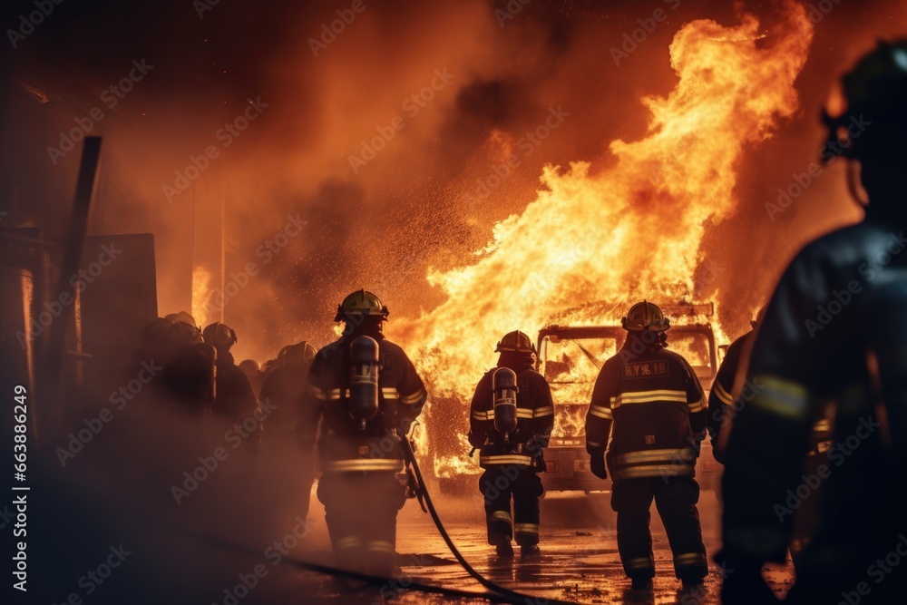 A group of firefighters standing in front of a fire. This image can be used to depict teamwork, emergency response, and firefighting efforts