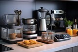 A kitchen counter featuring a blender and a cutting board. This image can be used to showcase kitchen appliances and food preparation