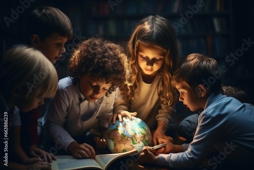 A group of children gathered around a globe, observing and learning about the world. This image can be used to depict education, curiosity, exploration, or multiculturalism photo