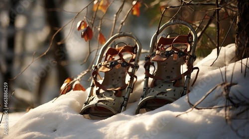 A pair of snowshoes leaning against a snowy tree. photo