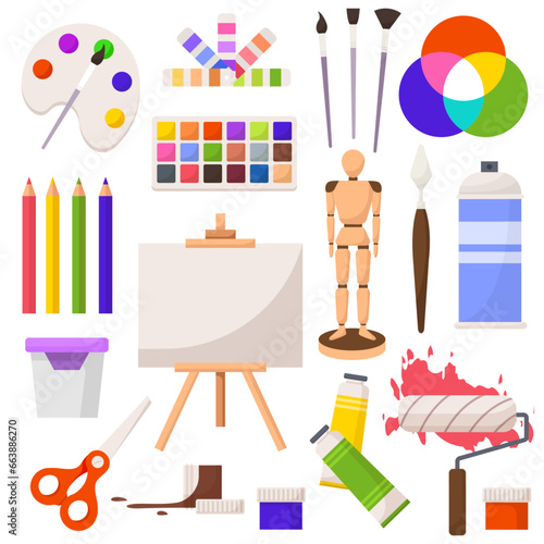 Set of art making tools including brushes, pallets, palettes, easel and canvas flat design illustration, in the style of colorful figures, wood sculptor, impressionist colorism. Artists tools set